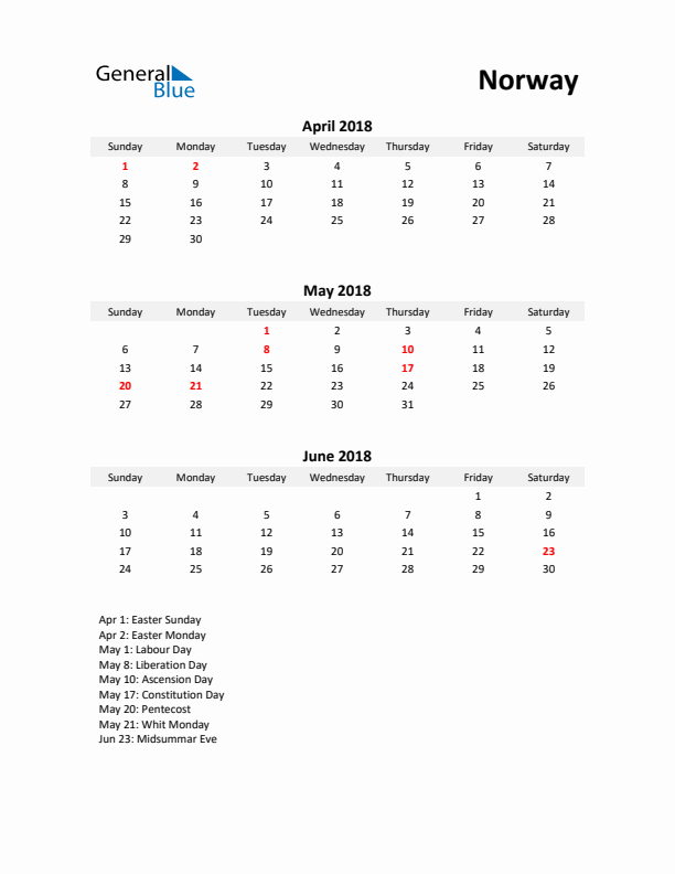 Printable Quarterly Calendar with Notes and Norway Holidays- Q2 of 2018