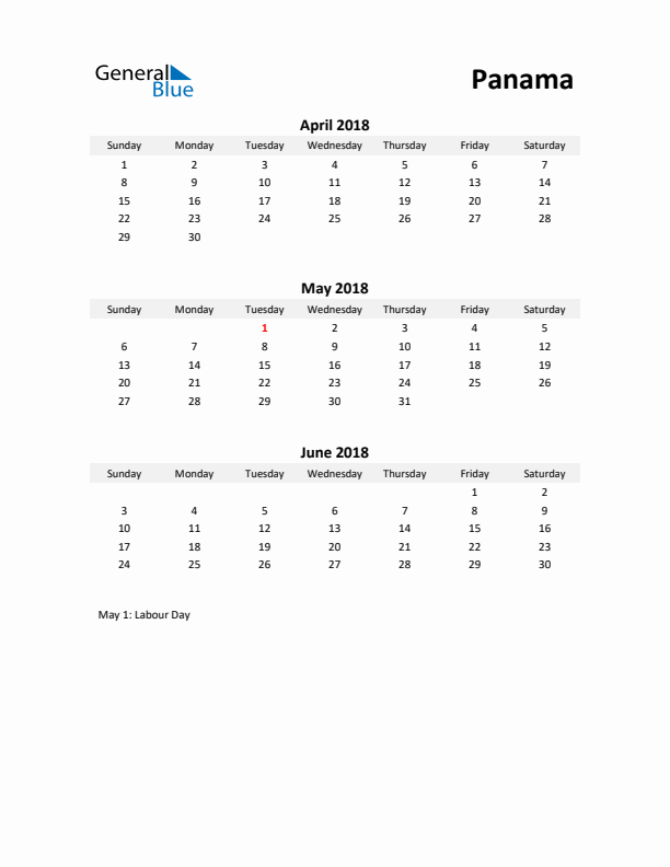 Printable Quarterly Calendar with Notes and Panama Holidays- Q2 of 2018