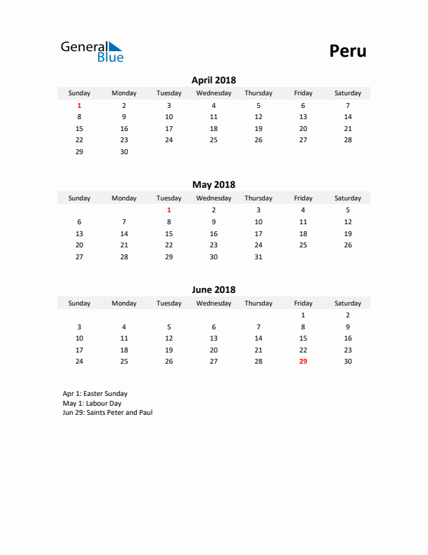 Printable Quarterly Calendar with Notes and Peru Holidays- Q2 of 2018