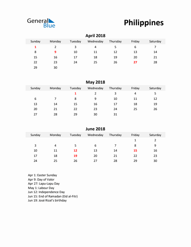 Printable Quarterly Calendar with Notes and Philippines Holidays- Q2 of 2018