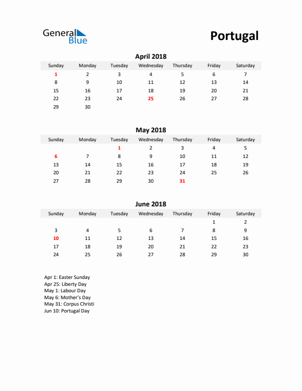 Printable Quarterly Calendar with Notes and Portugal Holidays- Q2 of 2018