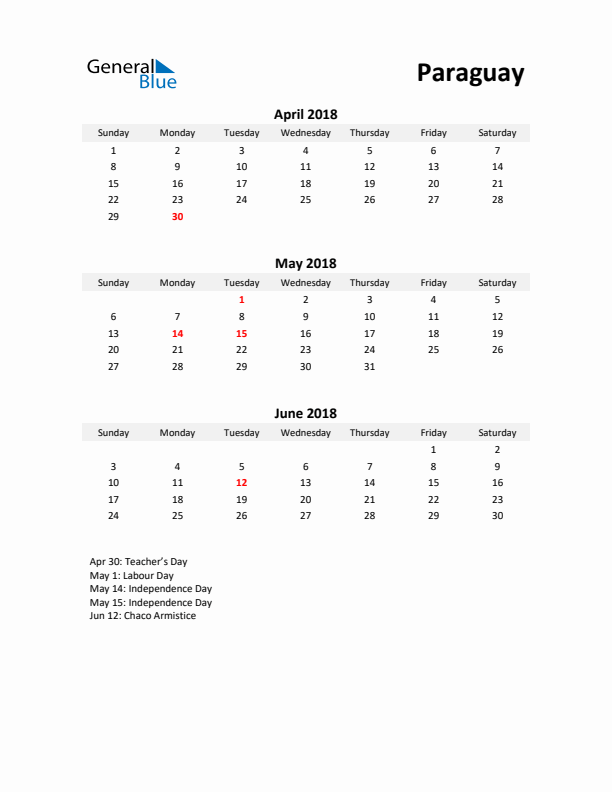 Printable Quarterly Calendar with Notes and Paraguay Holidays- Q2 of 2018