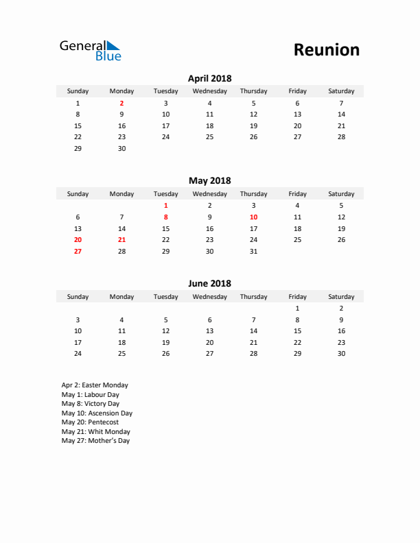 Printable Quarterly Calendar with Notes and Reunion Holidays- Q2 of 2018