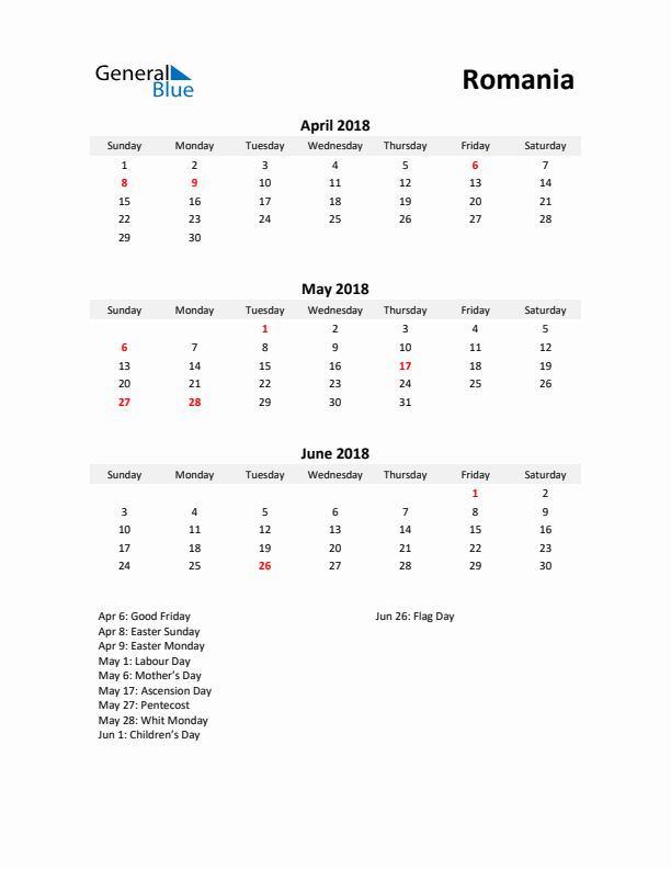 Printable Quarterly Calendar with Notes and Romania Holidays- Q2 of 2018