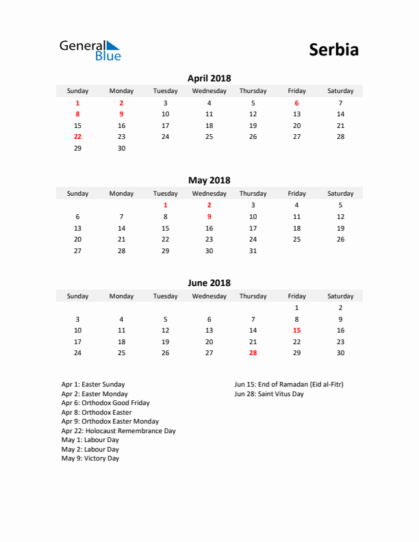 Printable Quarterly Calendar with Notes and Serbia Holidays- Q2 of 2018