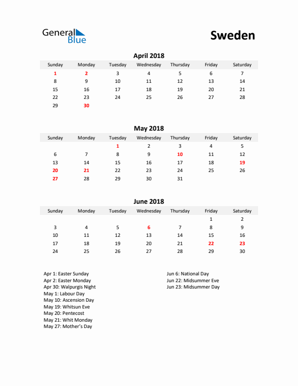 Printable Quarterly Calendar with Notes and Sweden Holidays- Q2 of 2018