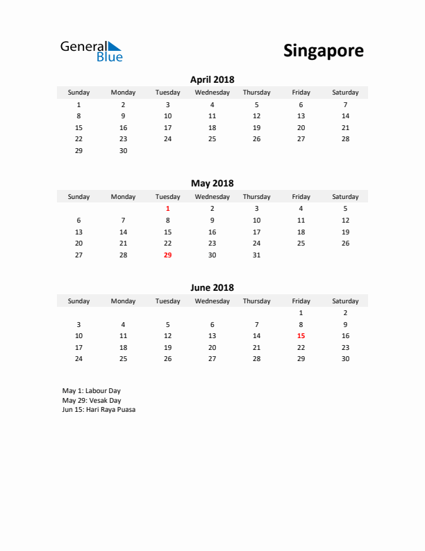 Printable Quarterly Calendar with Notes and Singapore Holidays- Q2 of 2018