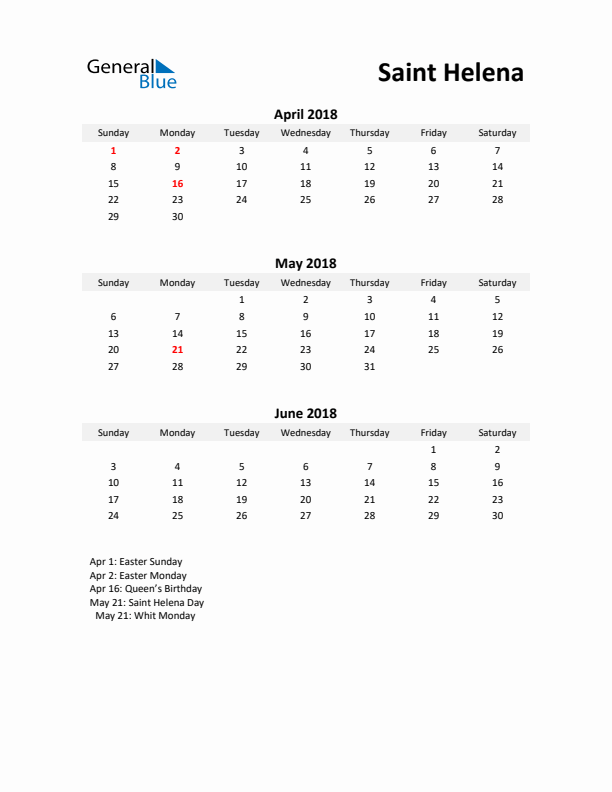 Printable Quarterly Calendar with Notes and Saint Helena Holidays- Q2 of 2018