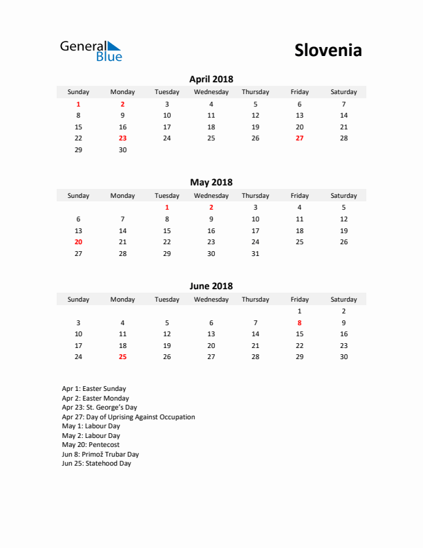 Printable Quarterly Calendar with Notes and Slovenia Holidays- Q2 of 2018