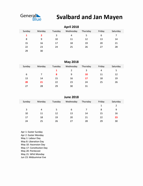 Printable Quarterly Calendar with Notes and Svalbard and Jan Mayen Holidays- Q2 of 2018