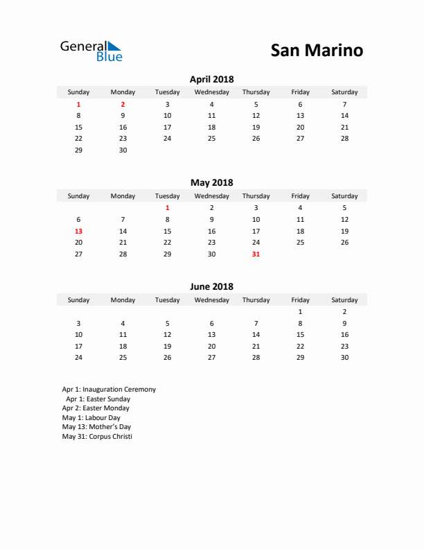 Printable Quarterly Calendar with Notes and San Marino Holidays- Q2 of 2018