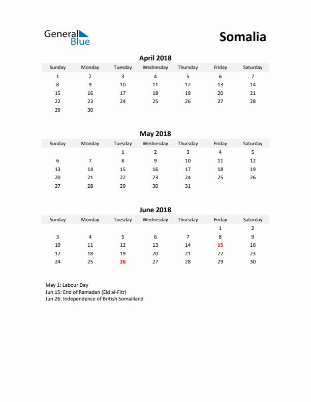 Printable Quarterly Calendar with Notes and Somalia Holidays- Q2 of 2018