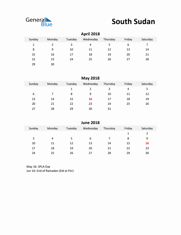 Printable Quarterly Calendar with Notes and South Sudan Holidays- Q2 of 2018