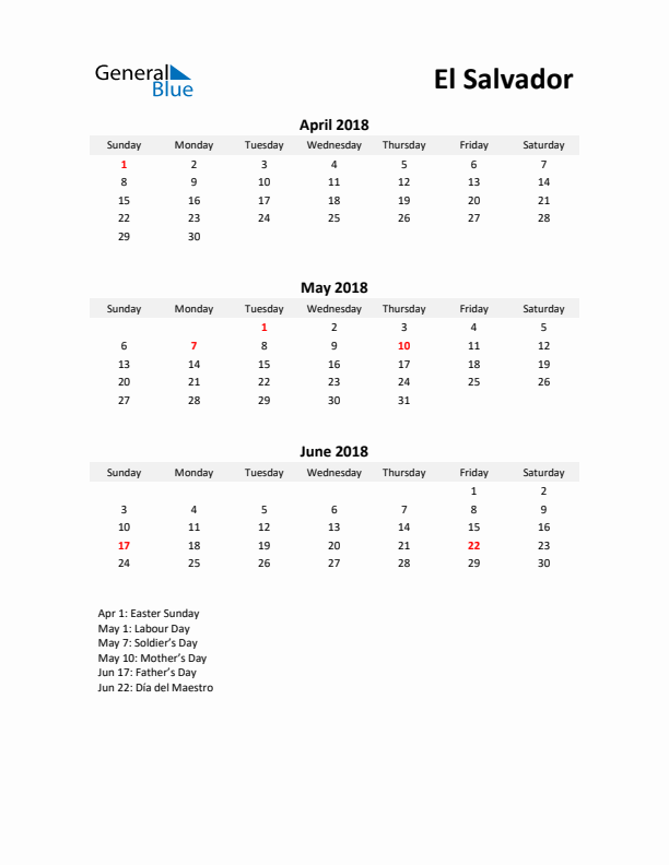 Printable Quarterly Calendar with Notes and El Salvador Holidays- Q2 of 2018