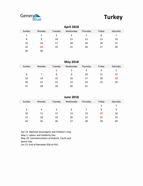 Printable Quarterly Calendar with Notes and Turkey Holidays- Q2 of 2018