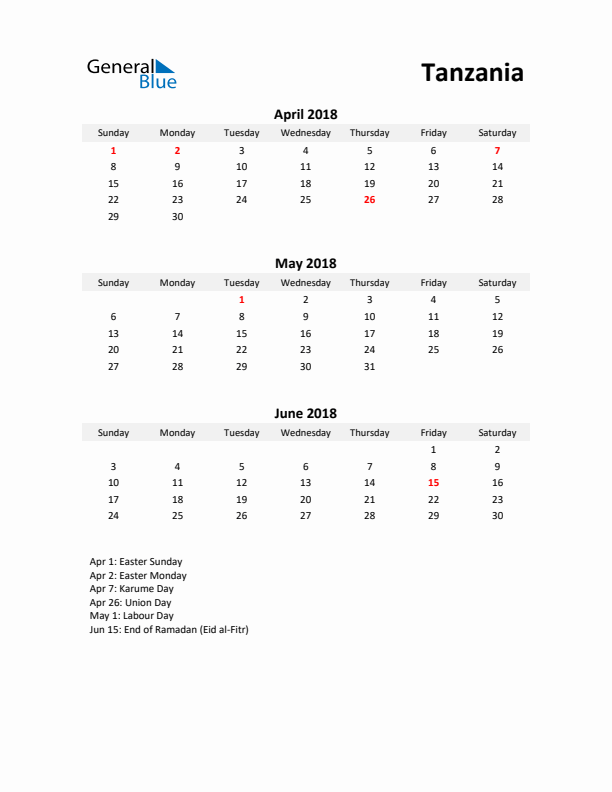 Printable Quarterly Calendar with Notes and Tanzania Holidays- Q2 of 2018