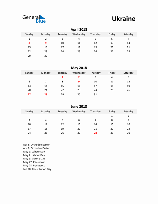 Printable Quarterly Calendar with Notes and Ukraine Holidays- Q2 of 2018