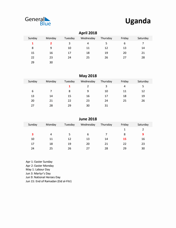 Printable Quarterly Calendar with Notes and Uganda Holidays- Q2 of 2018