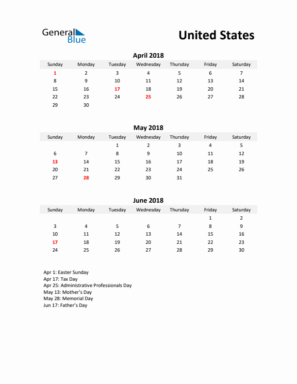 Printable Quarterly Calendar with Notes and United States Holidays- Q2 of 2018