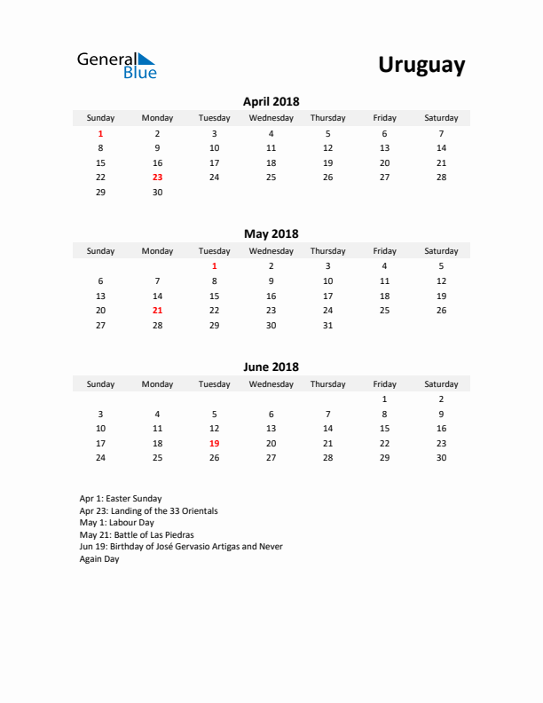 Printable Quarterly Calendar with Notes and Uruguay Holidays- Q2 of 2018