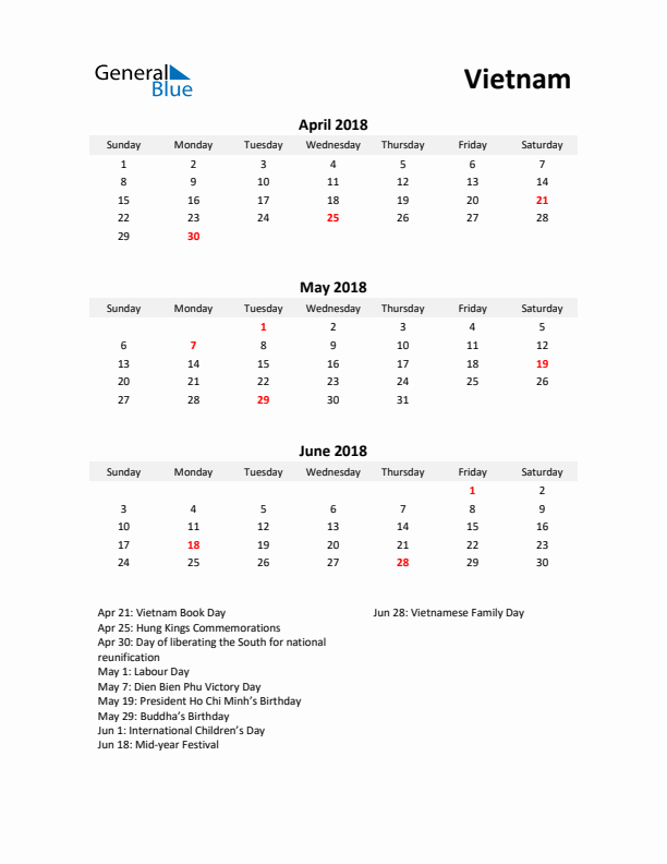 Printable Quarterly Calendar with Notes and Vietnam Holidays- Q2 of 2018