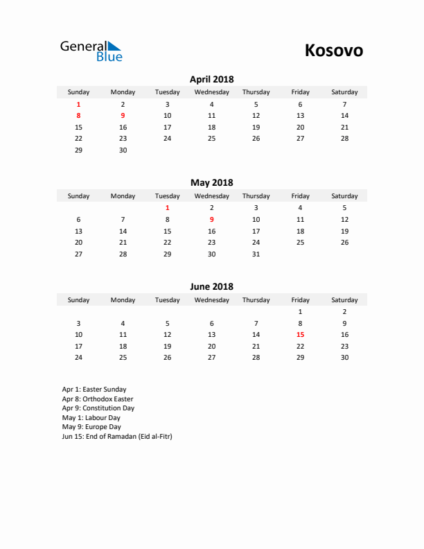 Printable Quarterly Calendar with Notes and Kosovo Holidays- Q2 of 2018