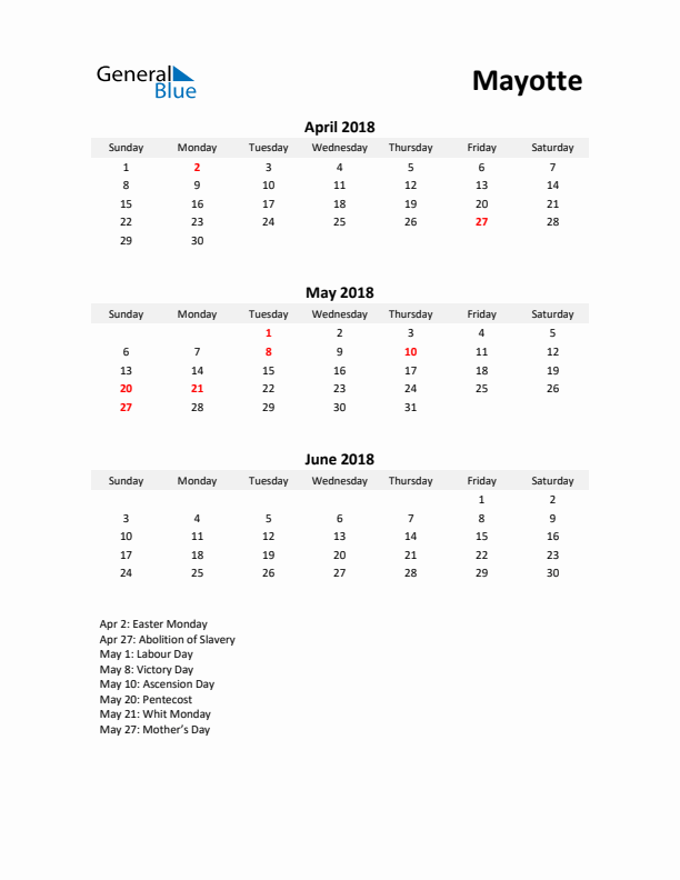 Printable Quarterly Calendar with Notes and Mayotte Holidays- Q2 of 2018