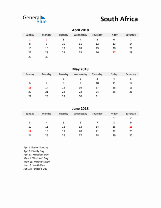 Printable Quarterly Calendar with Notes and South Africa Holidays- Q2 of 2018