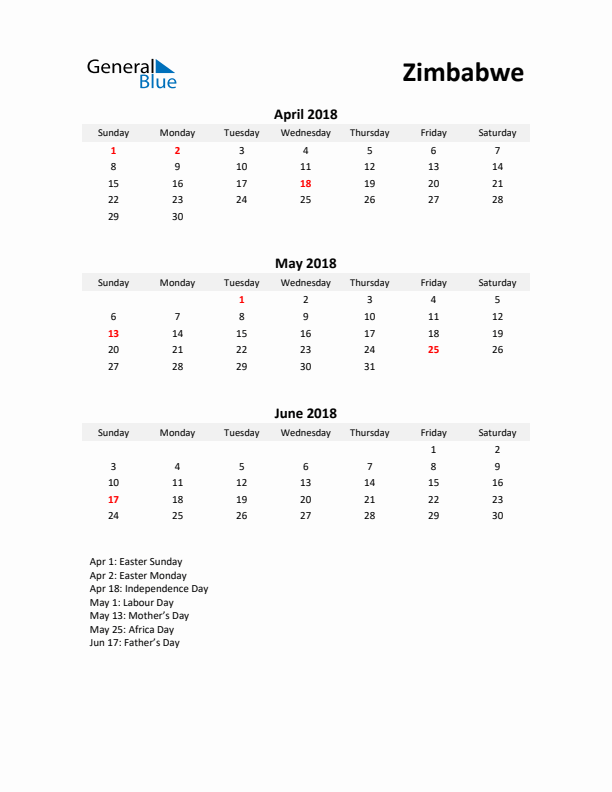 Printable Quarterly Calendar with Notes and Zimbabwe Holidays- Q2 of 2018