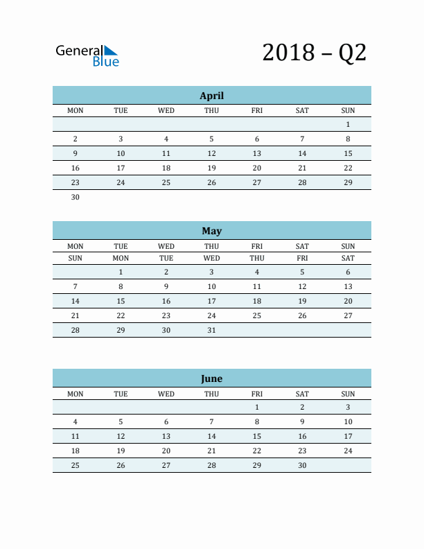 April, May, and June 2018 Calendar