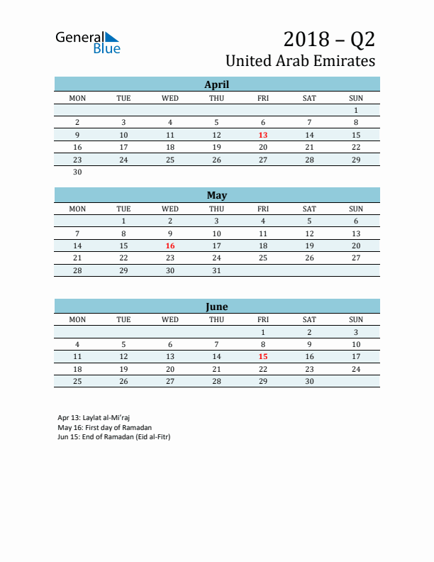 Three-Month Planner for Q2 2018 with Holidays - United Arab Emirates