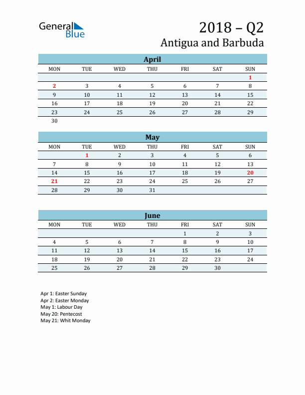 Three-Month Planner for Q2 2018 with Holidays - Antigua and Barbuda