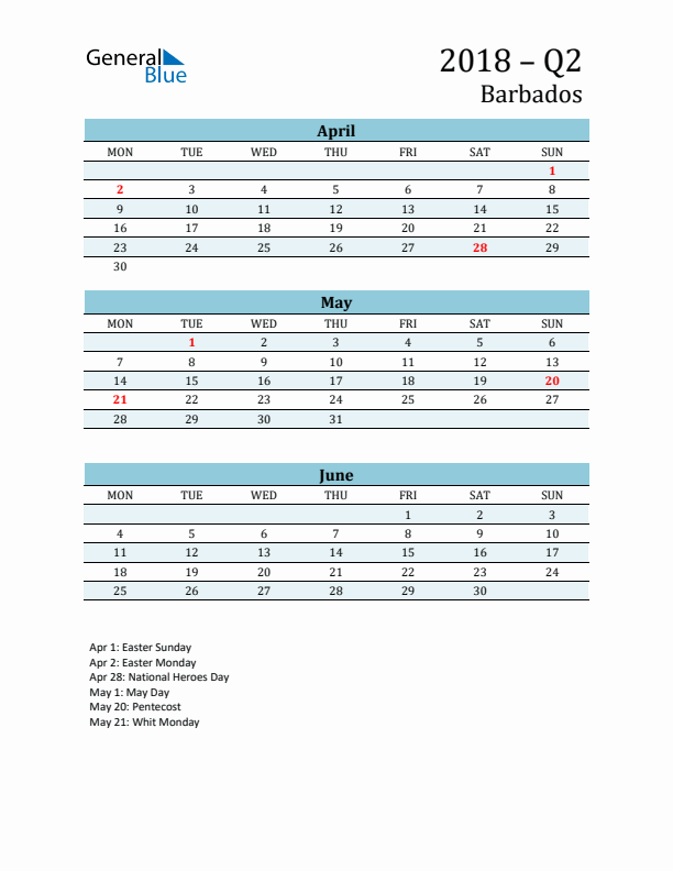 Three-Month Planner for Q2 2018 with Holidays - Barbados