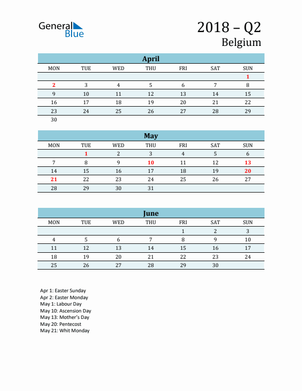 Three-Month Planner for Q2 2018 with Holidays - Belgium