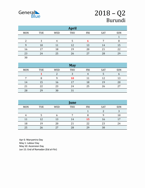 Three-Month Planner for Q2 2018 with Holidays - Burundi