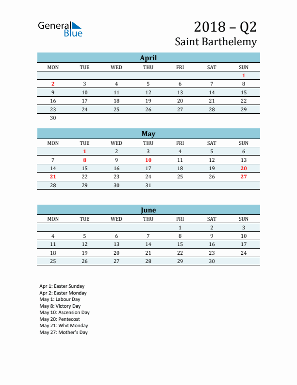 Three-Month Planner for Q2 2018 with Holidays - Saint Barthelemy