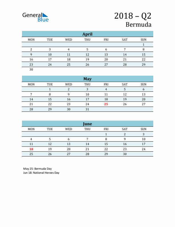 Three-Month Planner for Q2 2018 with Holidays - Bermuda