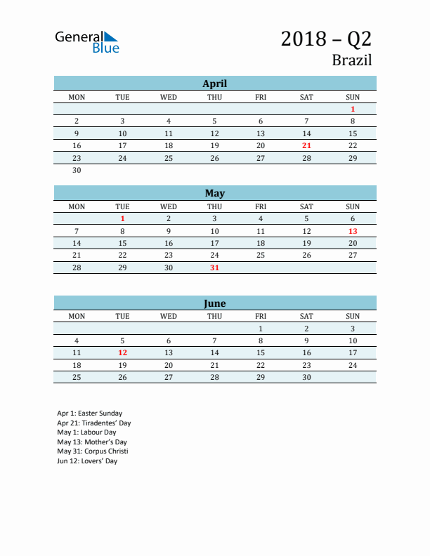 Three-Month Planner for Q2 2018 with Holidays - Brazil