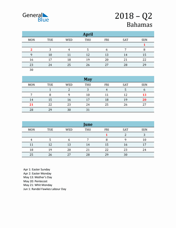 Three-Month Planner for Q2 2018 with Holidays - Bahamas