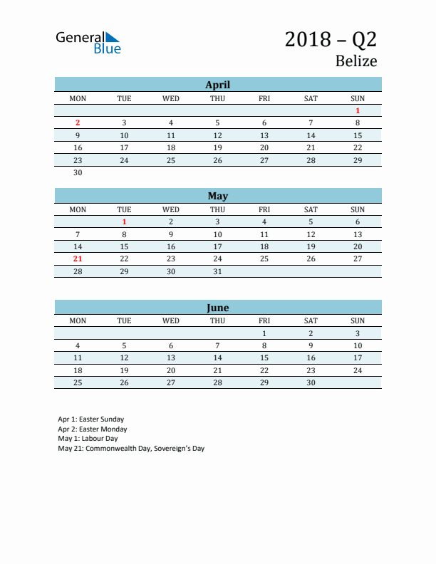 Three-Month Planner for Q2 2018 with Holidays - Belize