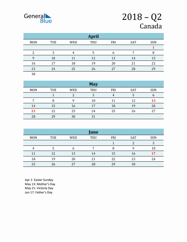 Three-Month Planner for Q2 2018 with Holidays - Canada