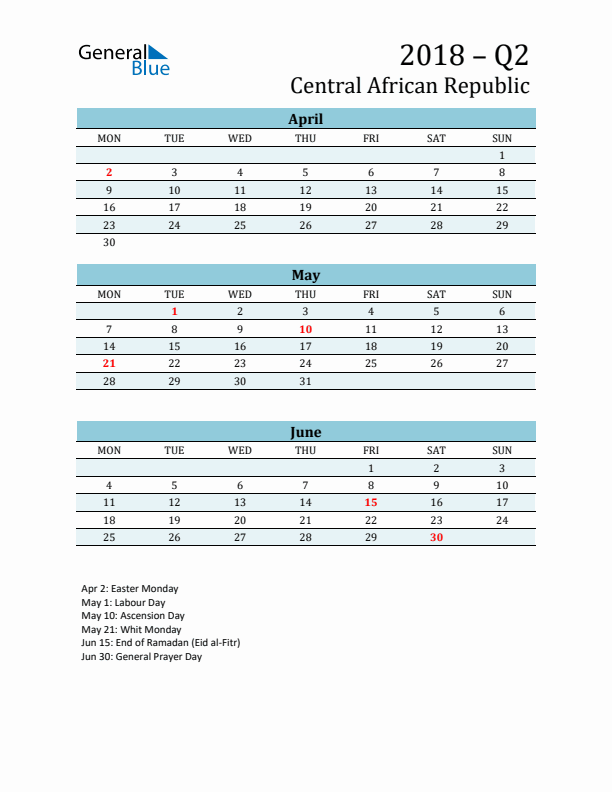 Three-Month Planner for Q2 2018 with Holidays - Central African Republic