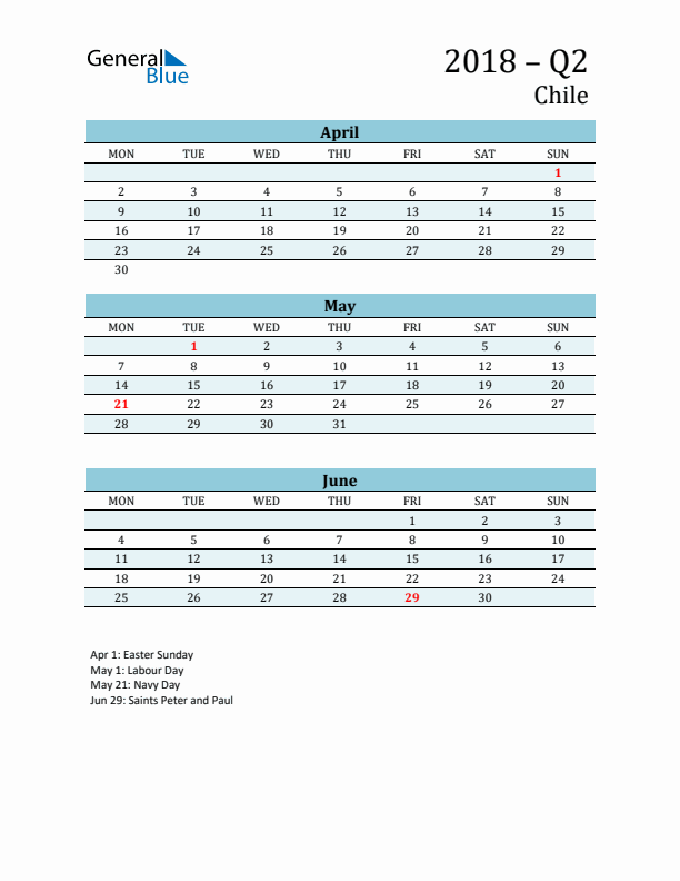 Three-Month Planner for Q2 2018 with Holidays - Chile