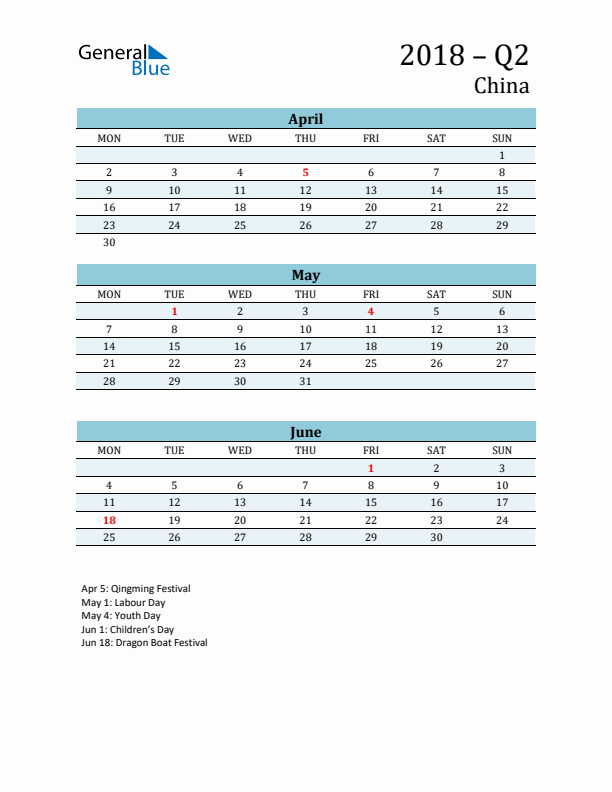 Three-Month Planner for Q2 2018 with Holidays - China