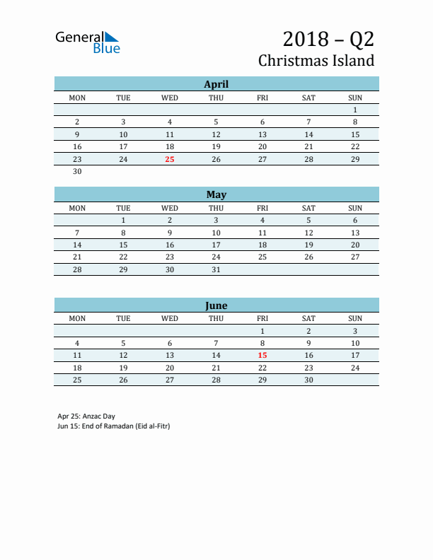 Three-Month Planner for Q2 2018 with Holidays - Christmas Island