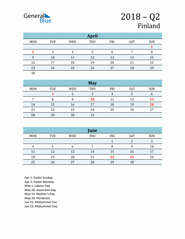 Three-Month Planner for Q2 2018 with Holidays - Finland