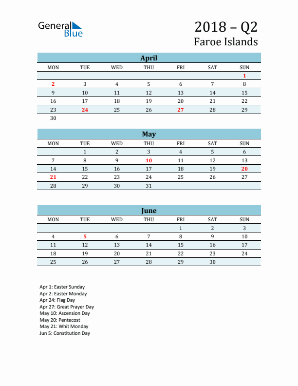 Three-Month Planner for Q2 2018 with Holidays - Faroe Islands