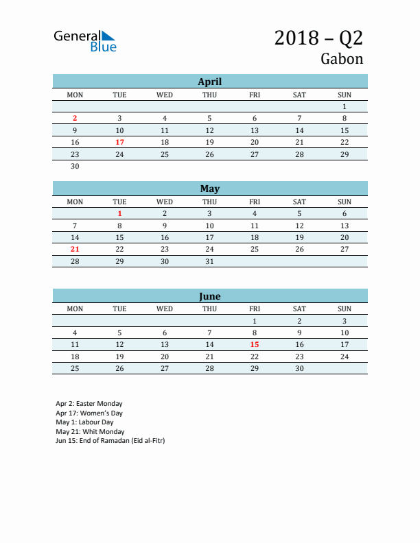 Three-Month Planner for Q2 2018 with Holidays - Gabon