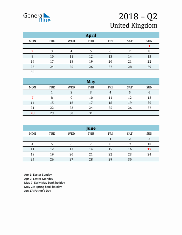 Three-Month Planner for Q2 2018 with Holidays - United Kingdom