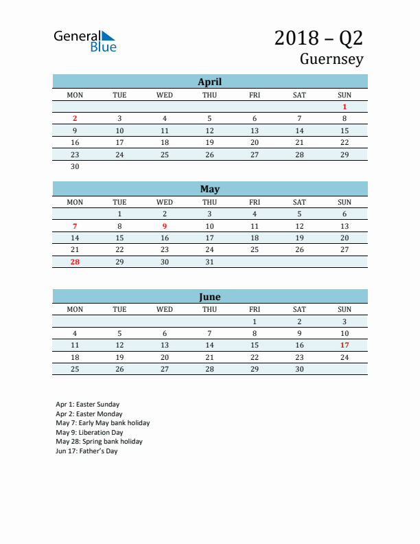 Three-Month Planner for Q2 2018 with Holidays - Guernsey